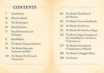 Inside view of the hardcover Harry Potter: The Mini Book of Wands by Insight Editions, showing detailed illustrations and wand descriptions.