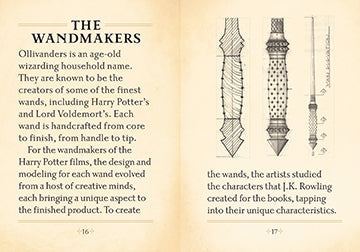 Inside view of the hardcover Harry Potter: The Mini Book of Wands by Insight Editions, featuring detailed illustrations and wand descriptions.