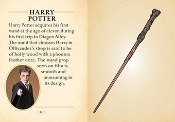 Interior page of Harry Potter hardcover mini book of wands by Insight Editions, showcasing illustrations and wand descriptions.