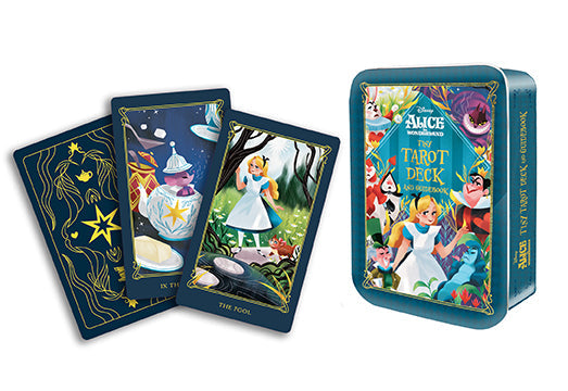 Inside view of the Insight Editions Alice in Wonderland Tiny Tarot Deck and Guidebook softbound kit with colorful illustrations.