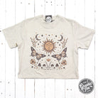 The Graphic Tee 90's Vibes celestial mid-length crop short sleeve shirt with drop sleeves and retro design.