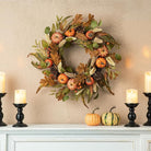 CozyNest Decor 24-inch fall pumpkin leaf floral wreath with artificial autumn leaves and harvest accents for door decoration.