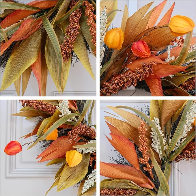 Rustic 24-inch fall corn husk and berry wreath with orange, yellow, and brown leaves, perfect for farmhouse front door decor.