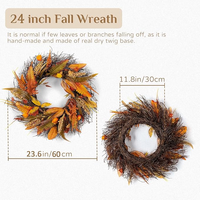CozyNest Decor 24-inch fall wheat wreath with harvest grain and gold accents, ideal for Thanksgiving front door or autumn wall decor.