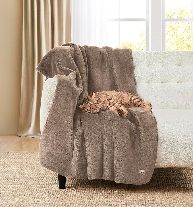 CozyNest Decor white plush fleece throw blanket in light fawn brown, lightweight and soft for couch or bed, washable and hypoallergenic.