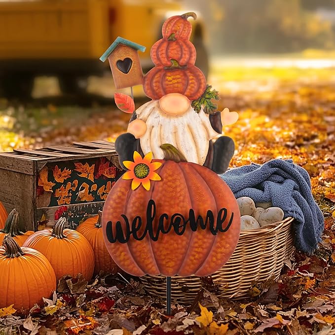 CozyNest Decor Fall gnome pumpkin garden stake with orange autumn colors, perfect for outdoor yard and patio Thanksgiving decor.