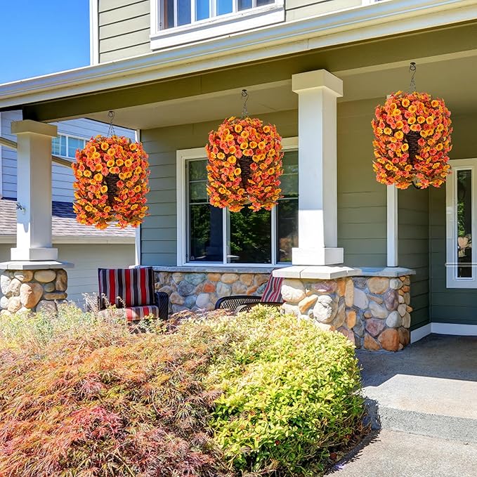 Artificial fall orange and yellow hanging flowers with long silk morning glory stems in a basket, UV resistant for outdoor porch decor.
