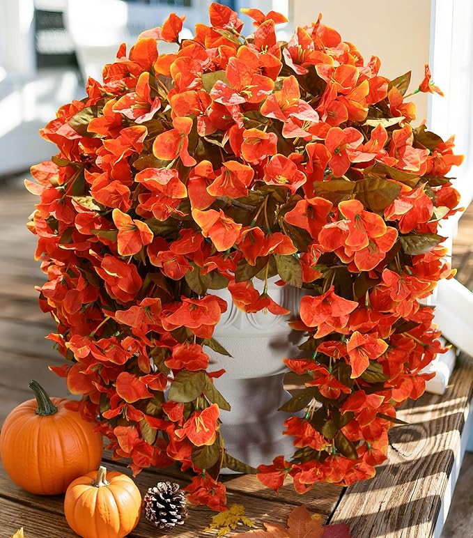 CozyNest Decor artificial bougainvillea flowers in orange, with long trailing vines, UV resistant silk for outdoor fall porch decor.