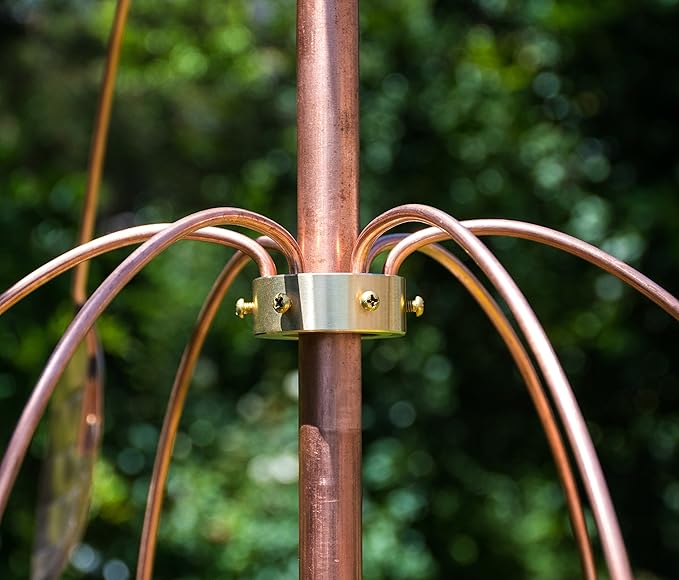 CozyNest Decor Stanwood Wind Sculpture Kinetic Copper Triple Spinner with Falling Foliage design, featuring vibrant copper wind spinners.