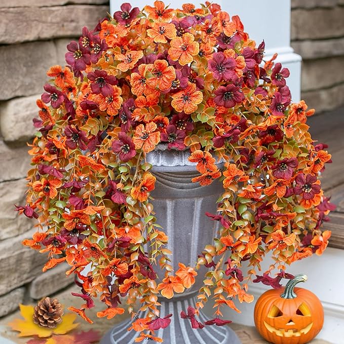 CozyNest Decor artificial autumn flowers, light orange and brown silk daisies, hanging outdoor decoration for porch or balcony.