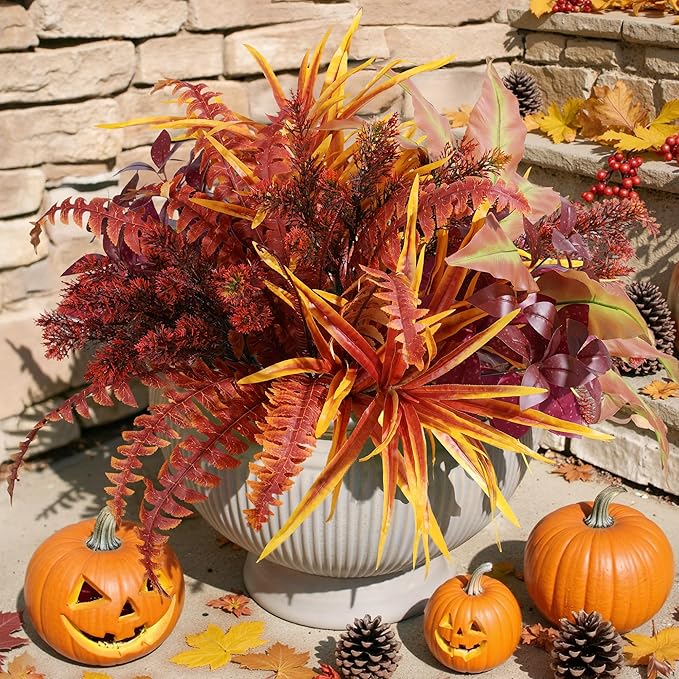 Artificial fall greenery plant with large bunches of green leaves and stems, UV resistant faux outdoor outdoor patio garden decor
