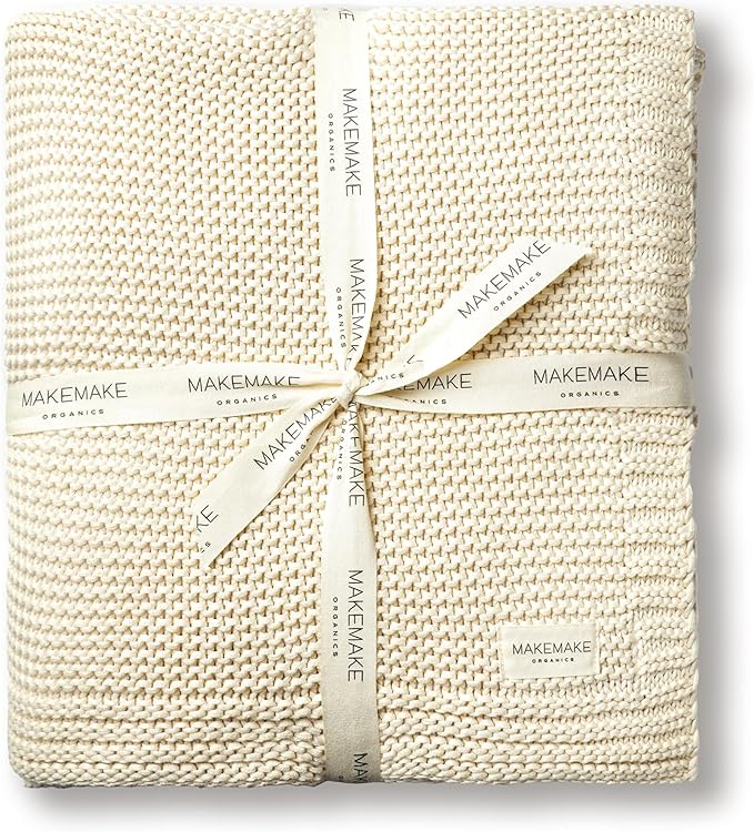 CozyNest Decor MakeMake Organics organic cotton throw blanket, chunky knit, super soft, vanilla color, large size for adults.