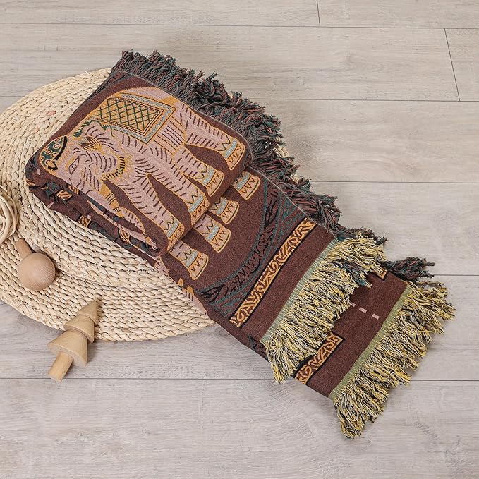 CozyNest Decor boho cotton throw blanket with tassels, elephant print, large 60x80 inch rustic bed and sofa blanket in brown.