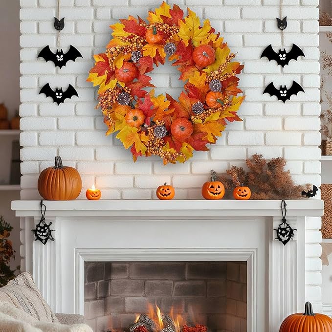 CozyNest Decor fall wreath featuring pumpkins and maple leaves, 20-inch autumn wreath for front door and home decor, indoor or outdoor.