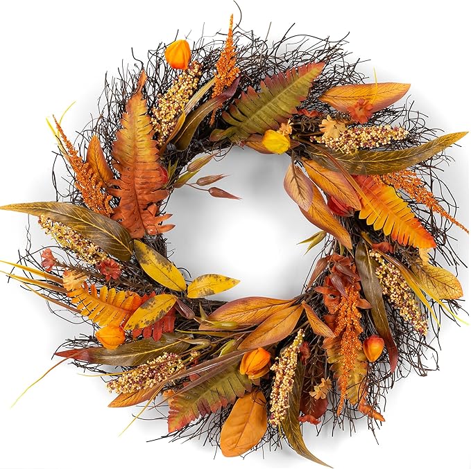Large 24-inch fall wheat wreath with gold accents, ideal for Thanksgiving front door or indoor autumn wall decor.