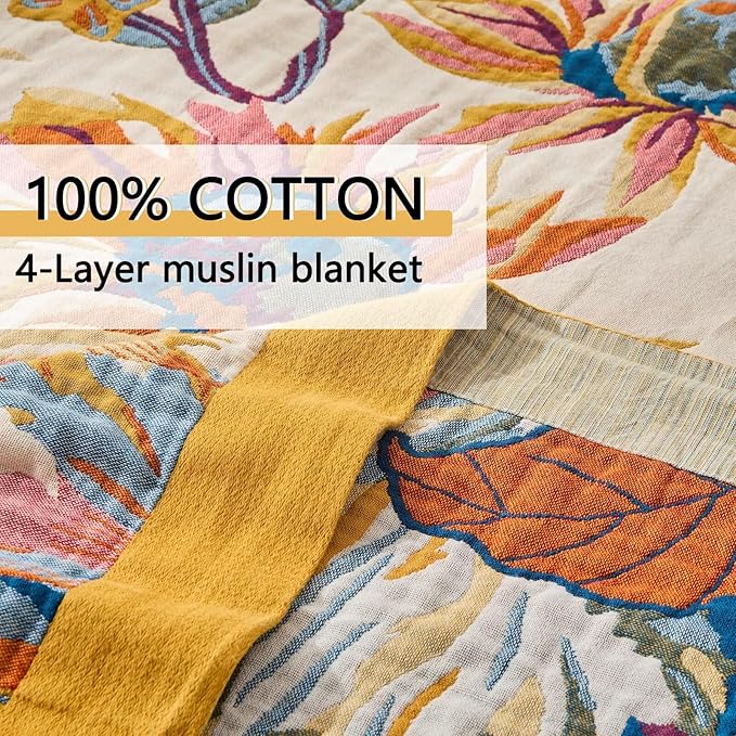 CozyNest Decor boho throw blanket for bed, lightweight reversible quilt with floral and bird patterns in colorful retro style.