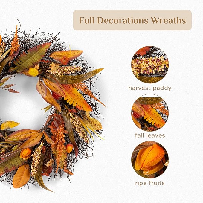Large 24-inch fall wheat wreath for Thanksgiving, cozy gold harvest grain door decor by CozyNest Decor, suitable for indoor/outdoor use.