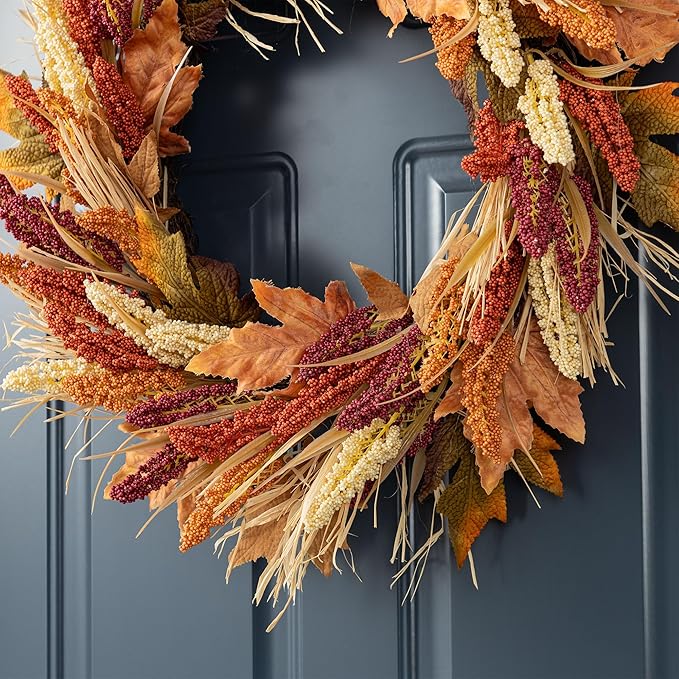 CozyNest Decor 24-inch fall sorghum wreath with metal hanger, perfect for front door or indoor outdoor harvest holiday decoration.