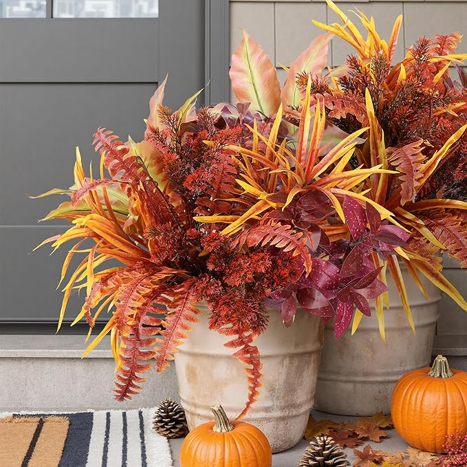 Large artificial fall greenery plant with plastic leaves and stems, UV resistant faux bushes for outdoor patio, garden, or yard decor.
