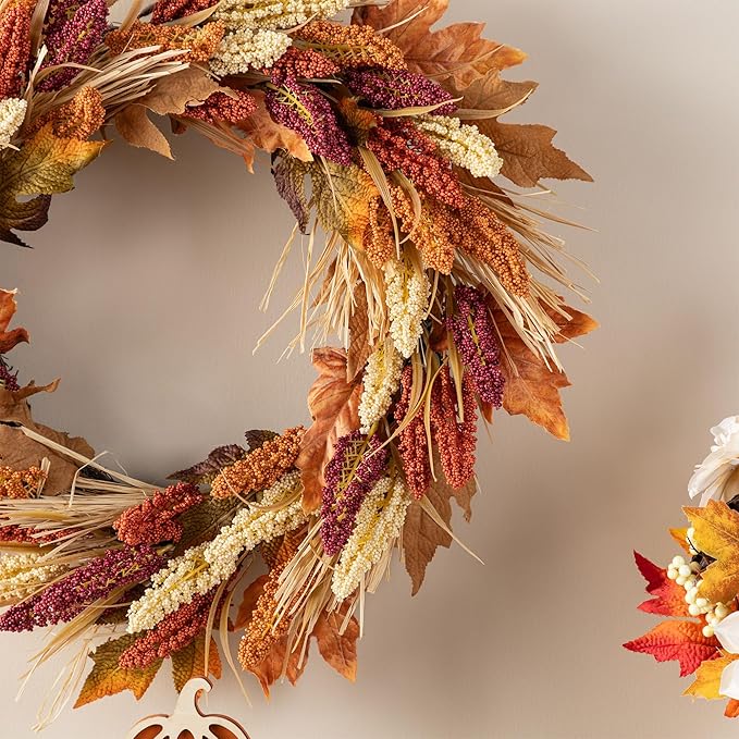 CozyNest Decor 24-inch fall sorghum wreath with metal hanger, perfect for front door or indoor harvest holiday decorations.