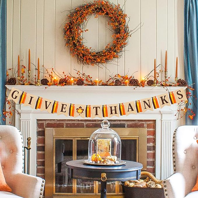 CozyNest Decor fall burlap pennant banner with maple leaf pattern, "Give Thanks" sign, autumn ribbons for Thanksgiving decorations.