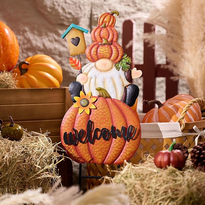 CozyNest Decor fall gnome pumpkin garden stake with orange autumn colors, outdoor welcome sign for yard or patio decoration.