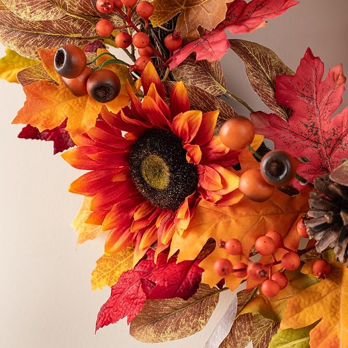CozyNest Decor 24-inch artificial fall wreath with sunflowers, pinecones, and berries, ideal for front door or holiday decor