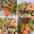 24-inch handmade fall wreath with artificial autumn leaves, pinecones, berries, and wheat for farmhouse door or wall decoration.
