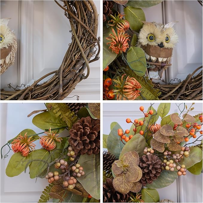 Fall owl wreath for front door featuring pine cones, eucalyptus, magnolia leaves, and berries, 24-inch autumn farmhouse decor.