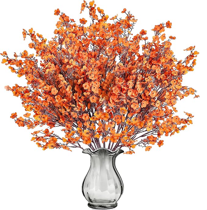 CozyNest Decor 15-piece Baby's Breath artificial flowers in fall orange, realistic silk gypsophila bouquets for home decor and arrangements.