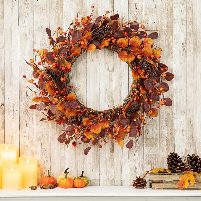 CozyNest Decor 22-inch fall eucalyptus berry wreath with rustic accents, ideal for front door or wall autumn decor.