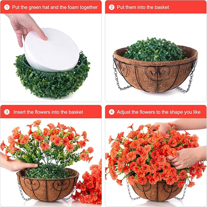 Artificial fall flowers in a hanging basket with orange silk morning glory and eucalyptus, outdoor UV-resistant faux plants for porch or patio.