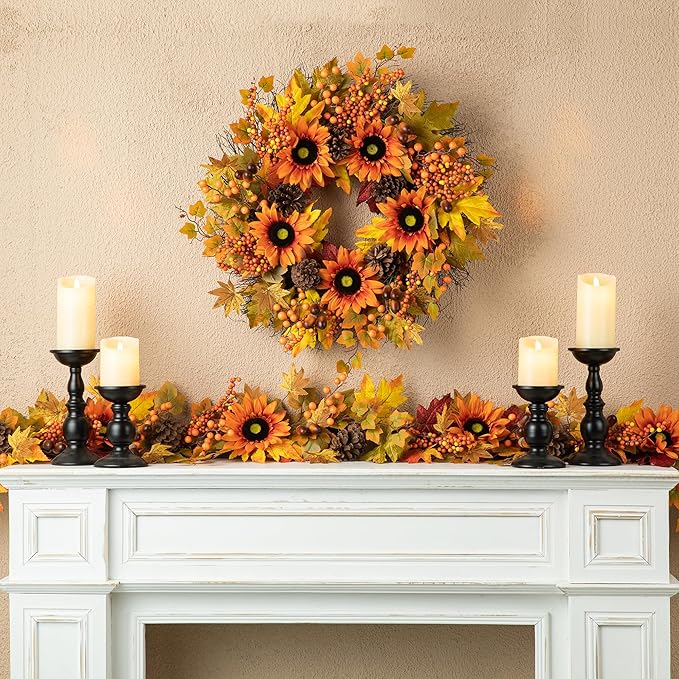 CozyNest Decor 24-inch artificial fall wreath with sunflowers, maple leaves, and berries for front door or wall autumn decor.