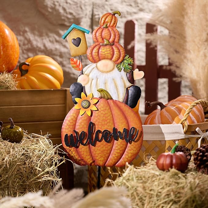 CozyNest Decor fall gnome pumpkin garden stake with orange autumn design, outdoor Thanksgiving yard decor, and welcome sign.