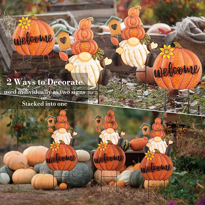 CozyNest Decor fall gnome pumpkin garden stakes with orange autumn design, outdoor welcome signs for Thanksgiving and harvest decor.