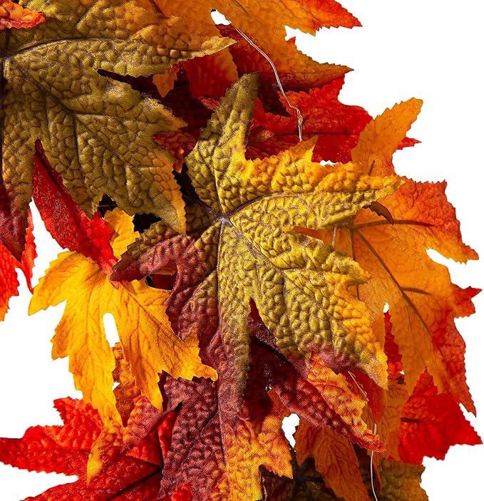 CozyNest Decor 24-inch pre-lit fall wreath with maple leaves, lights, and timer, ideal for front door autumn and holiday decor.