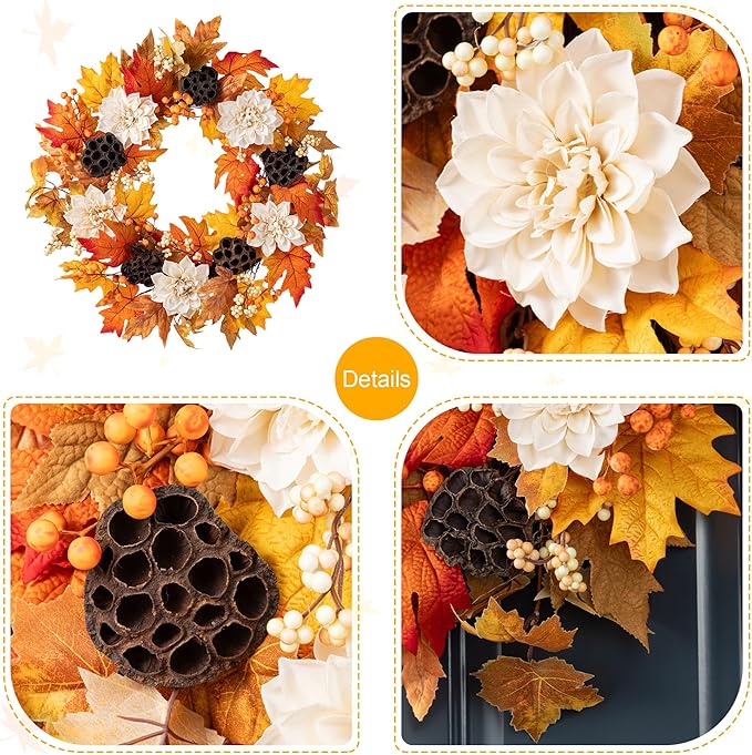 CozyNest Decor 24-inch fall sorghum wreath with metal hanger, ideal for front door or indoor harvest holiday decoration.