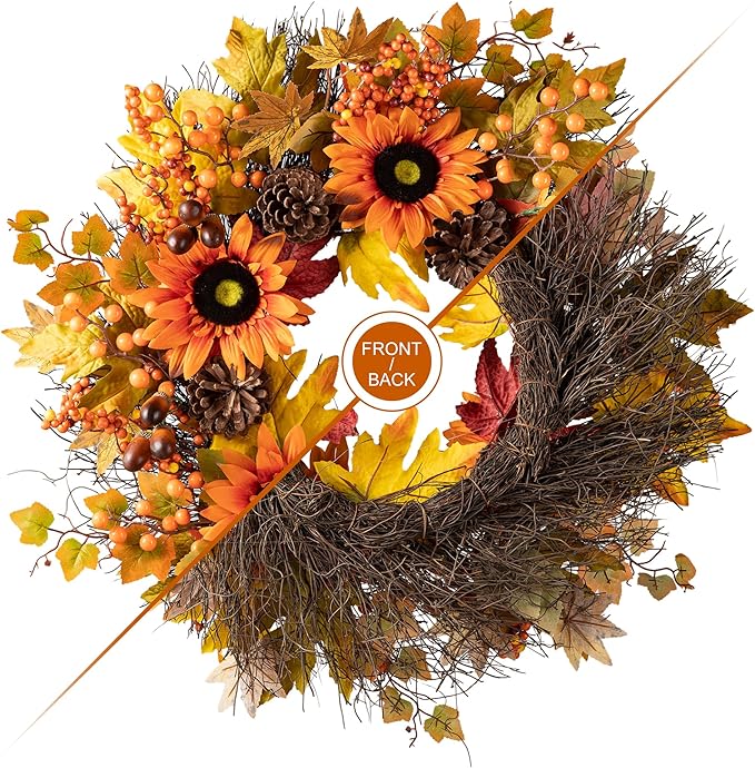 CozyNest Decor 24-inch artificial fall wreath with sunflowers, maple leaves, and berries for front door or wall autumn decor