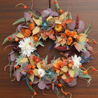 CozyNest Decor 24-inch autumn wreath with pumpkins, silk leaves, and purple flowers for front door Halloween and Thanksgiving decor.