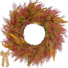 Large 24-inch cedar fall wreath with burlap bow, weatherproof outdoor porch decor, featuring rustic greenery for autumn holidays.