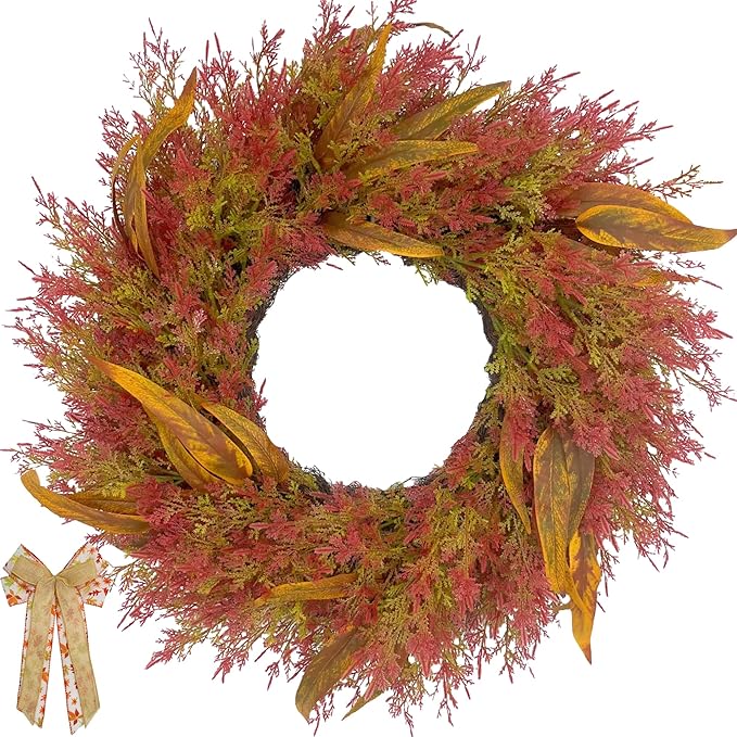 Large 24-inch cedar fall wreath with burlap bow, weatherproof outdoor porch decor, featuring rustic greenery for autumn holidays.