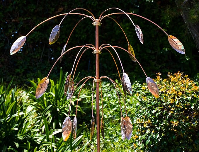 CozyNest Decor Stanwood Wind Sculpture with three kinetic copper spinners featuring falling foliage design, outdoor garden decor.