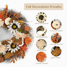 Fall wreath for front door by CozyNest Decor featuring maple leaves, white pumpkin, daisies, sunflowers, and autumn harvest accents.