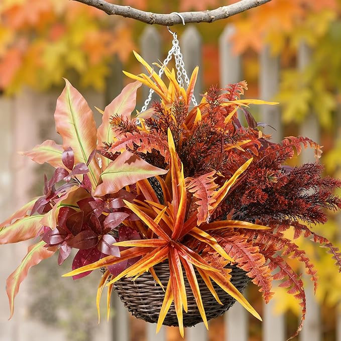 Large artificial fall greenery plant with plastic leaves and stems, UV resistant faux outdoor bushes for garden or patio decor.