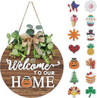 Rustic round wood wreath with seasonal welcome sign from CozyNest Decor, perfect for front door decoration for all seasons and holidays.
