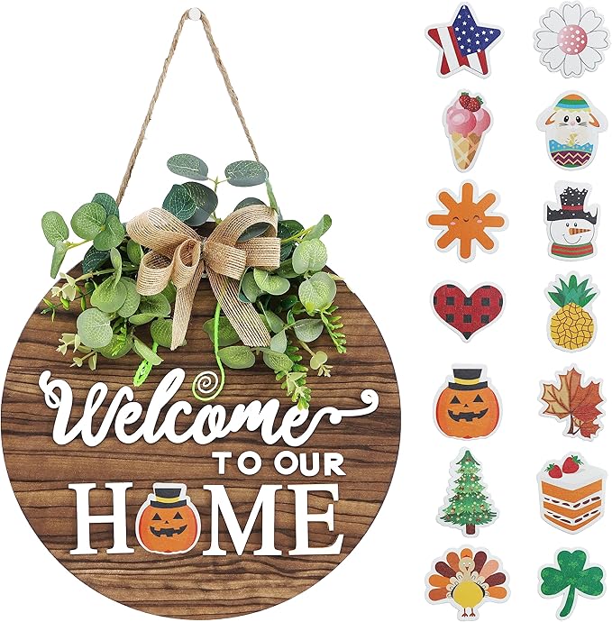Rustic round wood wreath with seasonal welcome sign from CozyNest Decor, perfect for front door decoration for all seasons and holidays.