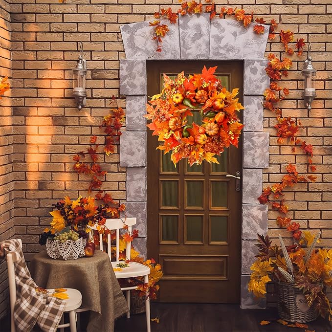 CozyNest Decor 24-inch fall wreath with pumpkins, berries, and maple leaves, perfect for front door or outdoor autumn decor.
