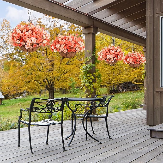 Artificial fall flowers in a hanging basket featuring silk morning glory and eucalyptus for outdoor porch or patio decor.