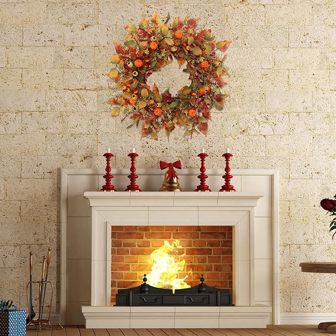CozyNest Decor 22-inch artificial fall wreath with pumpkins and maple leaves, perfect for front door, wall, or porch decor.