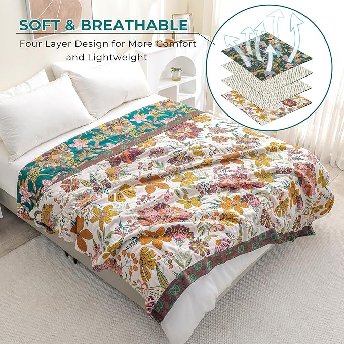 CozyNest Decor boho rustic cotton throw blanket with floral design, reversible, 60x80 inches, perfect for sofa or bed decor